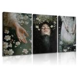 3Pcs Victorian Canvas Wall Art Girl in the water lily Dark Academia Wall Decor Pictures Gothic Cottagecore Beautiful Girl Posters Prints for Living Room Bedroom Bathroom Home Decoration 12X16in