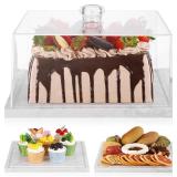 Square Cake Stand with Lid 11in Marble Cake Stand with Dome Stone Dessert Display Stand with Acrylic Cover for Cupcakes Cheese Chips & Dips Serving Platter with Cover for Kitchen/Party/Wedding
