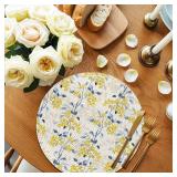 Round Placemats Set of 4 Spring Floral Place Mats Washable Woven Placemat Yellow Berry Fruit Vintage Blue Leaves Plant Circle Braided Heat Resistant Table Mat for Kitchen Dining Party Decor 15 Inch