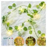 Minetom Vine Fairy Lights Battery Operated: 21ft 60 LED Green Eucalyptus Garland Light with Remote Control - Hanging Leaf String Lights for Girls Bedroom Dorm Room Wall Decorations