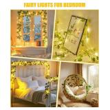 Minetom Vine Fairy Lights Battery Operated: 21ft 60 LED Green Eucalyptus Garland Light with Remote Control - Hanging Leaf String Lights for Girls Bedroom Dorm Room Wall Decorations