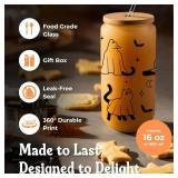 Halloween Ghost Cat Cups - Halloween Birthday Gifts, Boo Basket Stuffers for Women, Men, Spooky Gifts for Teen Girls - 16oz Glass Iced Coffee Cup w/Lid and Straw