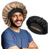 Satin Bonnet for Men Sleeping 2 Layer Silk Hair Bonnets with Wide Band Reversible Nightcap for Unisex Sleep Cap Hair Wrap Black/ Black