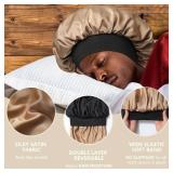 Satin Bonnet for Men Sleeping 2 Layer Silk Hair Bonnets with Wide Band Reversible Nightcap for Unisex Sleep Cap Hair Wrap Black/ Black