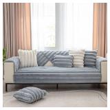 vctops 3D Striped Faux Fur Couch Cover Thick Warm Soft Sofa Cover Non Slip Fuzzy Plush Furry Sofa Slipcovers Shaggy Cozy Washable Furniture Protector for Pets, Kids (Greyish Blue,28'x59')