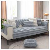 vctops 3D Striped Faux Fur Couch Cover Thick Warm Soft Sofa Cover Non Slip Fuzzy Plush Furry Sofa Slipcovers Shaggy Cozy Washable Furniture Protector for Pets, Kids (Greyish Blue,28'x59')