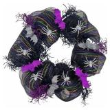 Halloween Wreath for Front Door, 18In Black Mesh Wreath with Glittery Silver Spiders & Purple Bats, Orange Green Purple Accents, Creepy Spider Decor for Indoor Outdoor Halloween Party Fireplace Decor