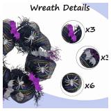 Halloween Wreath for Front Door, 18In Black Mesh Wreath with Glittery Silver Spiders & Purple Bats, Orange Green Purple Accents, Creepy Spider Decor for Indoor Outdoor Halloween Party Fireplace Decor