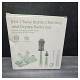 Bottle Brush Set -Baby Travel Essential-6 in 1 Bottle Cleaner Kit with Silicone Bottle Brush,Nipple Cleaner Brush,Straw Brush,Soap Dispenser,Storage Box,Bottle Drying Rack for Home and Travel(Green)
