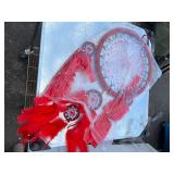 Beautiful Red Large Dream Catcher w/ 3 Mini - 12” Diameter, hangs around 2’