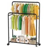 Simple Trending Clothing Clothes Rack Double Rods with Wheels, Rolling Metal Garment Rack for Hanging, Black Simple Trending Clothing Clothes Rack Double Rods with Wheels, Rolling Metal Garment Rack for Hanging, Black