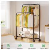 Simple Trending Clothing Clothes Rack Double Rods with Wheels, Rolling Metal Garment Rack for Hanging, Black Simple Trending Clothing Clothes Rack Double Rods with Wheels, Rolling Metal Garment Rack for Hanging, Black