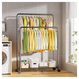 Simple Trending Clothing Clothes Rack Double Rods with Wheels, Rolling Metal Garment Rack for Hanging, Black Simple Trending Clothing Clothes Rack Double Rods with Wheels, Rolling Metal Garment Rack for Hanging, Black