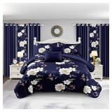 Retails for $103! 9 Pieces Bed in a Bag with Curtains,Queen Size,Navy Blue and White Flower,Coverlet Quilted Bed Throw,Bedcover,Machine Washable,Gift for Wedding and Fastival Retails for $103! 9 Pieces Bed in a Bag with Curtains,Queen Size,Navy Blue and White Flower,Coverlet Quilted Bed Throw,Bedcover,Machine Washable,Gift for Wedding and Fastival