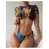 Women's 2 Piece Swimsuit Graffiti Print Cut Out Ring Linked Bikini Set Tie Side Bathing Suit Multicolor S Women's 2 Piece Swimsuit Graffiti Print Cut Out Ring Linked Bikini Set Tie Side Bathing Suit Multicolor S
