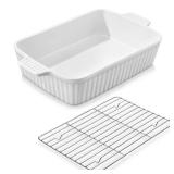 4.4 QT Baking Dish with Rack, 9x13 Large Casserole Dish for Oven, Ceramic Baking Pan with Rack, Rectangular Lasagna Pan Deep with Handles for Baking, Durable Microwave Oven Safe, White - Retail: $35 4.4 QT Baking Dish with Rack, 9x13 Large Casserole Dish for Oven, Ceramic Baking Pan with Rack, Rectangular Lasagna Pan Deep with Handles for Baking, Durable Microwave Oven Safe, White - Retail: $35