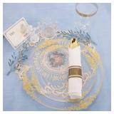 350pcs Clear and Gold Plates - Clear Party Plates for 50 Guest, Include 100 Heavy-duty Plates(20% Thicker Than Standard), 50 Pre Rolled Gold Plastic Silverware Set, 50 Cups - Retail: $57 350pcs Clear and Gold Plates - Clear Party Plates for 50 Guest, Include 100 Heavy-duty Plates(20% Thicker Than Standard), 50 Pre Rolled Gold Plastic Silverware Set, 50 Cups - Retail: $57