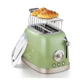 Green Cute Retro Toaster 2 Slice with 1.58 Wide Slots, with Stainless Steel Lid, with Warming Rack, Preheat, Defrost, Countdown Timer Display. 1/4' Dent on Top Right Side. - Retail: $49' Green Cute Retro Toaster 2 Slice with 1.58 Wide Slots, with Stainless Steel Lid, with Warming Rack, Preheat, Defrost, Countdown Timer Display. 1/4' Dent on Top Right Side. - Retail: $49'
