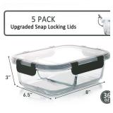 5-Pack,36 Oz Glass Meal Prep Containers 2 Compartments Portion Control with Snap Locking Lids Glass Food Storage Containers, Microwave, Oven, Freezer and Dishwasher (4.5 Cups) - Retail: $32 5-Pack,36 Oz Glass Meal Prep Containers 2 Compartments Portion Control with Snap Locking Lids Glass Food Storage Containers, Microwave, Oven, Freezer and Dishwasher (4.5 Cups) - Retail: $32