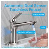 Touchless Automatic Motion Sensor Bathroom Faucet with 1 Handle, 2 Modes, Hands Free, Temperature Control, 1 or 3 Holes, Brushed Nickel Finish - Retail: $139 Touchless Automatic Motion Sensor Bathroom Faucet with 1 Handle, 2 Modes, Hands Free, Temperature Control, 1 or 3 Holes, Brushed Nickel Finish - Retail: $139