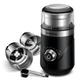 Electric Super Silent Blade Coffee Grinder, Timed Grind Control Rotary Knob, Adjustable Coarse to Fine for Coffee Beans, Spices & Herbs, with 2 Removable Stainless Steel Bowl, Black - Retail: $43 Electric Super Silent Blade Coffee Grinder, Timed Grind Control Rotary Knob, Adjustable Coarse to Fine for Coffee Beans, Spices & Herbs, with 2 Removable Stainless Steel Bowl, Black - Retail: $43