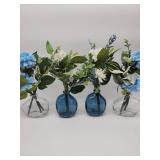 Blue and Clear Glass Bud Vase Set with Artificial Flowers - Retail: $35