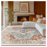 BESTSWEETIE 8x10 Area Rug Washable Rugs for Living Room, No Pile Boho Carpet for Entryway Bedroom Dinning Room, Vintage Carpet Print Distressed Non-Slip, 8 x 10 ft, Green Brick Rust Red