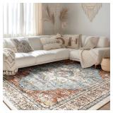 BESTSWEETIE 8x10 Area Rug Washable Rugs for Living Room, No Pile Boho Carpet for Entryway Bedroom Dinning Room, Vintage Carpet Print Distressed Non-Slip, 8 x 10 ft, Green Brick Rust Red