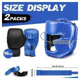 Kanayu 14 Pcs Boxing Gloves and Headgear Set for Beginners Youth 16 Ounce Boxing Gloves Headgear Helmet Hand Wraps Mouth Guards Equipment for Beginners Training Equipment Gifts(Black, Blue)