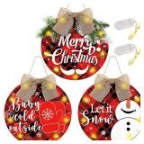Bucherry 3 Pcs Lighted Christmas Sign for Front Door, Buffalo Plaid Xmas Wreath 12 Inch Wooden Wall Hanging Decor for Indoor Outdoor Winter Holiday Rustic Farmhouse Windows(Merry Christmas)