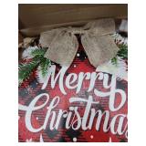 Bucherry 3 Pcs Lighted Christmas Sign for Front Door, Buffalo Plaid Xmas Wreath 12 Inch Wooden Wall Hanging Decor for Indoor Outdoor Winter Holiday Rustic Farmhouse Windows(Merry Christmas)