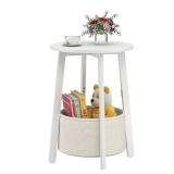 sthmec Small Round Side End Table with Cloth Storage Basket, Round Bedside Sofa Couch Coffee Tables for Small Places with Metal Frame, Modern Nighstands for Living Room Bedroom,White