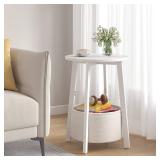 sthmec Small Round Side End Table with Cloth Storage Basket, Round Bedside Sofa Couch Coffee Tables for Small Places with Metal Frame, Modern Nighstands for Living Room Bedroom,White