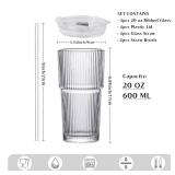 INSETLAN 20 oz Ribbed Glass Tumblers with Lids and Glass Straws â 4-Piece Glassware Set, Thickened Wall, Ideal for Iced Coffee, Smoothies, Cocktails, and Juices â Elegant and Durable Drinkwa