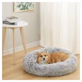 Bedfolks Calming Donut Dog Bed, 30 Inches Round Fluffy Dog Beds for Medium Dogs, Anti-Anxiety Plush Dog Bed, Machine Washable Pet Bed (Dark Grey, Medium)