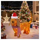Christmas Lighted Dog Outdoor Decoration, 2.3 FT Pre-lit 3D Plush Tinsel Dachshund Wiener Dog Decor with Santa Hat & Scarf, 45 LED Lights Light Up Xmas Eve Displays for Holiday Indoor Lawn Garden Yard