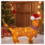 Christmas Lighted Dog Outdoor Decoration, 2.3 FT Pre-lit 3D Plush Tinsel Dachshund Wiener Dog Decor with Santa Hat & Scarf, 45 LED Lights Light Up Xmas Eve Displays for Holiday Indoor Lawn Garden Yard
