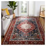 YJ.GWL Large Area Rug for Living Room, 5x8 Machine Washable Boho Rug for Bedroom, Low Pile Lightweight Thin Rugs Floral Vintage Distress Print Pattern Carpet for Dining Room, Red