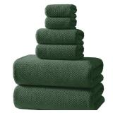 REDKISS 6-Piece Bath Towel Set - 2 Washcloths, 2 Hand Towels, 2 Bath Towels | Ultra-Fiber Coral Fleece, Super Absorbent, No Lint & No Fading | Perfect for Bathroom, Spa, Gym | Family -Olive Green