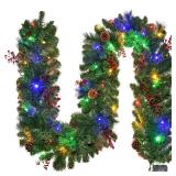 Christmas Garland with Lights 9FT, Lighted Christmas Garland Battery Powered 8 Lighting Modes, 50 LED Lights Garland, Red Berry, Christmas Pine Cone, for Stairs, Front Door, Christmas Decor