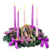 ElectricWise Christmas Advent Wreath Candle Holder, Purple Ribbon Advent Wreath w/Nativity Scene Figurine, 5 Metal Candle Cups, for Holiday Table Centerpiece Decorations, No Candles (Manger Style)