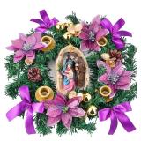 ElectricWise Christmas Advent Wreath Candle Holder, Purple Ribbon Advent Wreath w/Nativity Scene Figurine, 5 Metal Candle Cups, for Holiday Table Centerpiece Decorations, No Candles (Manger Style)