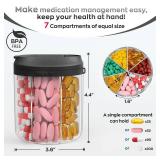 Hionxmga Pill Bottle Organizer with 7 Large Compartments, Pill Dispenser 4.4\' H x 3.6\' Dia for Travel, Supplement Organizer with Anti-Mixing Design, BPA-Free Pill Container with 20 Pcs Labels, Black