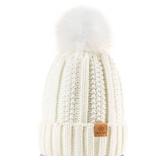 PAGE ONE Womens Winter Thick Cable Knit Beanie Faux Fur Pom Hat Fleece Lined Skull Cap White