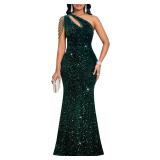 Cololura Women Sequin Elegant Sexy One Shoulder Tassel Oblique Collar Mermaid Bodycon Cocktail Evening Dress Green 2XL