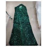 Cololura Women Sequin Elegant Sexy One Shoulder Tassel Oblique Collar Mermaid Bodycon Cocktail Evening Dress Green 2XL