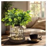Rustic Farmhouse Glass Vases with Green Artificial Eucalyptus Plants & Lights Primitive Vintage Lantern Home Decor Centerpiece for Counter Coffee Table Shelf Desk Office Dining Room Kitchen Bathroom