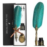 VANGOAL Vintage Green Feather Pen and Ink Set, Classic Series Goose Quill Pen with Carving Pen Stand, Calligraphy Pen Nibs, Black Dip Pen Ink, Antique Writing Gift for Writer