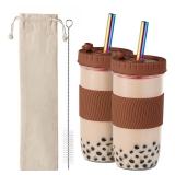 Amyoole 2 Pack Reusable Boba Cup,24Oz Wide Mouth Smoothie Cup,mason Jar Glass Cups with Lids and Straws,Bubble/Boba Tea Cups,Ice Coffee Tumbler 2 colored straws 1 sponge brush(Brown)