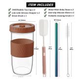 Amyoole 2 Pack Reusable Boba Cup,24Oz Wide Mouth Smoothie Cup,mason Jar Glass Cups with Lids and Straws,Bubble/Boba Tea Cups,Ice Coffee Tumbler 2 colored straws 1 sponge brush(Brown)
